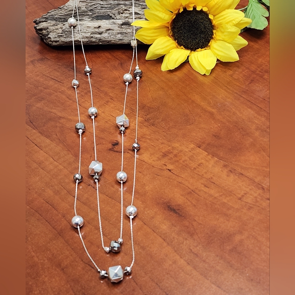 Long Layered Station Necklace With Silver-Toned Glass And Metal Beads